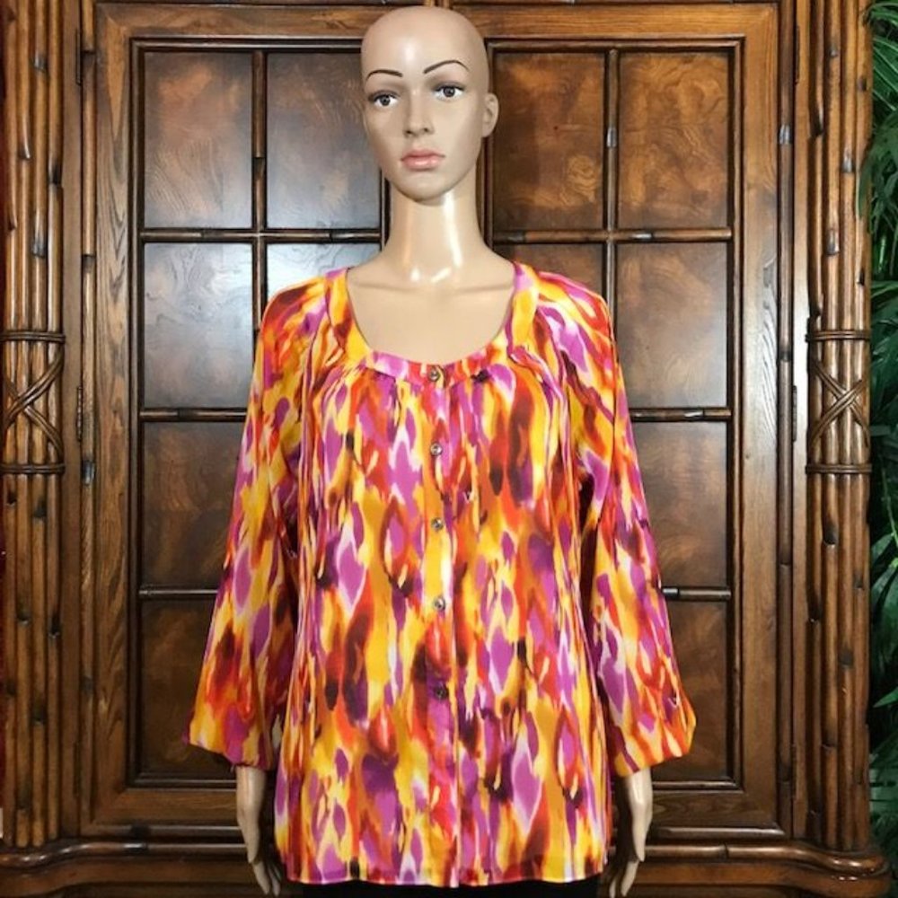 Jones New York Fire Horizon Chiffon Button Front Boho Blouse